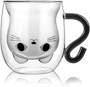 Bkinpid Cute Cat Double Wall Glass Mug, Black Cat 100% Borosilicate Thick Glass with Handle, Heat Resistance, Gift Wrapped