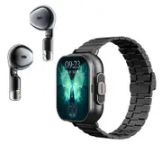Black Steel Strap Smart Watch Bluetooth Headset 2in1 Full Screen Touch Bluetooth Call Sports Watch Monitor