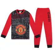 Manchester United FC Manchester United Boys Pyjamas Long Sublimation Kids OFFICIAL Football Gift Black Red 11-12 Years