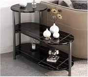 Narrow End Table, Faux Marble Sofa Side Table 3-Tier Bedside Table Nightstand Modern Design Coffee Table with Metal Frame for Living Room(Black 2,Small)