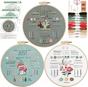 3Pcs Embroidery Starter Kit for Beginner, Embroidery Stitch Practice Kit for Adults Kids to Learn 35 Different Stitch, DIY Craft Stamped Cross Stitch Kit with Instruction Hoop Needle and Thread