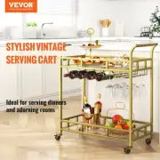2 Tier Gold Metal Bar Cart with Wine Rack Glass Holder Portable Serving Cart