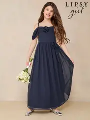 Lipsy Navy Blue Corsage Cold Shoulder Occasion Dress (10-16yrs) (AK1403) | $97 - $111