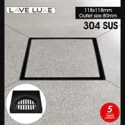 Black 118x118mm Bathroom Shower Grate Smart Tile Insert Floor Waste Square Drain