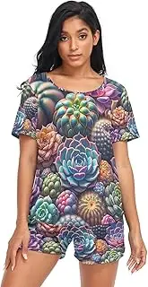 [RPLIFE] Colorful Succulents Vibrant Pajama for Women Set, Plus Size Matching Pajama Sets, Colorful Succulents Vibrant 1, Medium