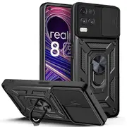 case For Oppo Realme 8 5G Slide Camera Lens Protection and Built in 360 Rotatable Ring Holder - Black