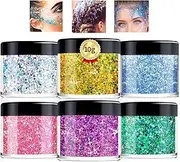 Morovan Holographic Body Glitter Face Glitter Hair Glitter Cosmetic Grade Chunky Glitter Makeup Festival Body Glitter Rave Glitter Eyeshadow& Lip Gloss& Resin& Nails Gitter (Glitter Set 10g*6)