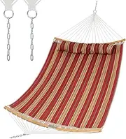Costway Heavy Duty Hammock, Outdoor Hammock with Detachable Pillow, Curved Bamboo Spreader Bar, Steel Chain, Portable Hammock for Patio, Backyard, Beach, Garden