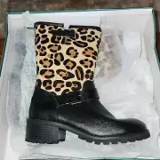 Logo Lori Goldstein Paige Leopard Calfskin Leather Moto Boots Sz 9.5