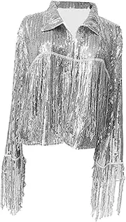 [Wzmzjy] Women Sequin Jacket Long Sleeve Breathable Shiny Open Front Lapel Coat for Cosplay Exhibition