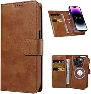 Magnetic Front and Back Detachable Premium Leather Wallet Flip Case for iPhone (Compatible with Mag Safe Devices), Shockproof and Scratch Resistant Cover (Brown, iPhone 12/12 pro)