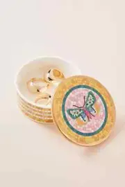Anthropologie Trinket Dish DARCY Lid Jar BUTTERFLY Stoneware Gold Round Box NWT