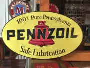 PENNZOIL OIL HUGE HEAVY DUTY OVAL METAL TIN SIGN PETROL BOWSER HIBOY