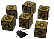 Set (6) 16mm 6-Sided D6 Black Dice Yellow Numbered 1-6 + Storage Pouch
