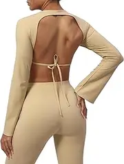 [SEAUR] Sports Crop Top Women's Long Sleeve Backless Top Padded Yoga Gym Long Sleeve Flared Sleeves Crop Sports Shirt Crew Neck Soft