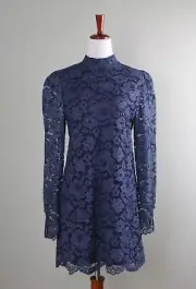 ZARA NWT Blue Lace Lined Puff Shoulder Sleeve Shift Mini Dress Size Medium