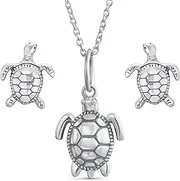 [Bling Jewelry] Honeymoon Vacation Tiny Nautical Hawaiian Sea Tortoise Beach Turtle Pendant Earrings Jewelry Set For Women Teen Oxidized .925 Sterling Silver