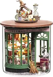 Spilay Dollhouse DIY Miniature Wooden Furniture Kit,Mini Handmade Doll House Model with Dust Cover & LED,1:24 Scale Creative Woodcrafts Toys for Adult Friend Lover Birthday Gift Magic Shop B48
