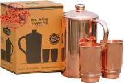Pure Copper Water Jug with 2 Tumblers Ayurveda Pitcher Set for Health Benefits