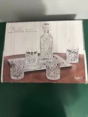 Godinger Dublin 5 Piece Crystal Whiskey Decanter Set Square Shaped Bottle