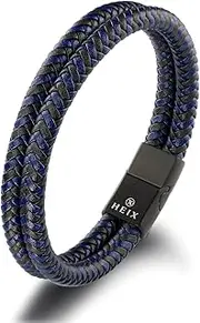 [HEIX] Mens 2 Layered Braised Leather Bracelet Magnetic Stainless Steel Clasp in Black Gift Idea for Men & Boys Jewelry