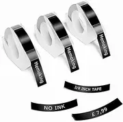 Memoking 3D Embossing Label Tape 3/8"(9mm) x 3m, 3D Embossing Labels Compatible with Dymo Omega, QANYEGN, Phomemo E975 Embossing Label Maker, 3D Plastic Labels, 3 Pack (Black)