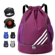 Waterproof Drawstring Backpack Sports Gym Bag With Shoes Compartment, Waterproof Draw String Back Bag For Men Women Purple