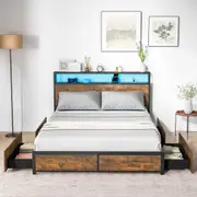 Giantex Bed Frame Queen Size RGB LED App Control Mattress Base Platform w/Charging Station & 4 Drawers Rustic Brown