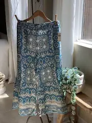 NWT Anthropologie Blue Motif Print Talese Wide Legs Pants- Rayon/ Linen: Size 8