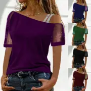 Women Summer Mesh Short Sleeve Cold Shoulder Tops T Shirt Casual Blouse Tee 6-22