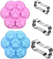 Set of 5, 2 Packs Silicone Molds Puppy Dog Pawand 3 Packs Stainless Steel Bone Cookie Cutter,for Homemade Treats and Cat Dog Animal Paw Ice Candy Chocolate Baking Mold (7 Cat Paws)