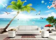 3D Coconut Tree Beach G14457 Wallpaper Wall Murals Removable Self-adhesive Honey