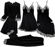 [Generic] Japanese Panties and Bra Pajama with Robe Set Sleepwear Nightwear Satin Silky Women‘s Lace Sexy Pajama 5Pcs Set Cami Japanese Lingerie for Women Plus Size