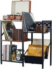 3 Tier Record Player Stand for Vinyl Storage - Holds up to 150 Albums - Metal Turntable Shelf (Black)