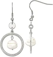 [JewelryWeb] Stainless Steel Textured Polished Shepherd hook Circle With Freshwater Cultured Pearl Long Drop Dangle Earrings 47x19mm Wide-Dangle Earring for Women