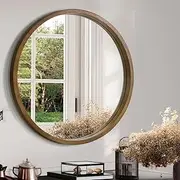 Furb Round Wall Mirror, 100cm Circular Bathroom Mirror, Brown Wood Frame, Decorative Hallway Entryway Mirror