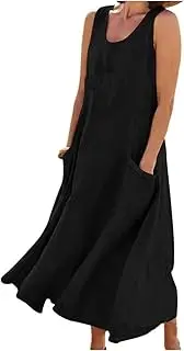 xyunluk 2024 Women's dresses Cotton Linen Long Dress Sleeveless Elegant Flowy Dresses Plus Size Loose Comfy Dress with Pockets(Black,XXXXXL)