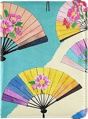 [Amooorous] Chinese Ink Painting Flower Fan Colorful Leather decorative cute passport holder Vaccine Case Protector Cover Passport Holder Case Lightweight, Chinese ink painting flower fan colorful, 1 size