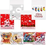 Christmas Self-Adhesive Candy Cellophane Bags,TuoYi 200pcs 4 Different Patterns Xmas Treat Cookie Bags for Christmas Holiday Party Favor Gift Decoration Supplies