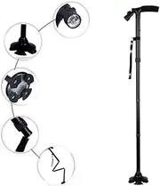 EMO TREE Adjustable Walking Stick Cane Folding With Light LED Strap Handle Black Metal