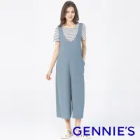 在飛比找momo購物網優惠-【Gennies 奇妮】大U領吊帶寬褲-藍(孕婦褲 連身褲 