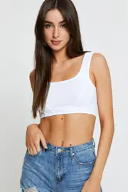 White Crop Tank Top Sleeveless Round Neck Seamless - Size M/L, Women's Tank