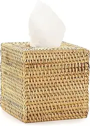 IGNPION Rattan Woven Decorative Square Tissue Box Roll Holder Cover Whitewash (Natural Color, 15x15x15)