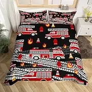 Cartoon Fire Truck Comforter Cover Fireman Car Vehicle Bed Set, Red Fighfighter Engine Duvet Cover 135 x 200 cm White Grey Black Track Bedding Cover Kids Luxury Bedroom Decor