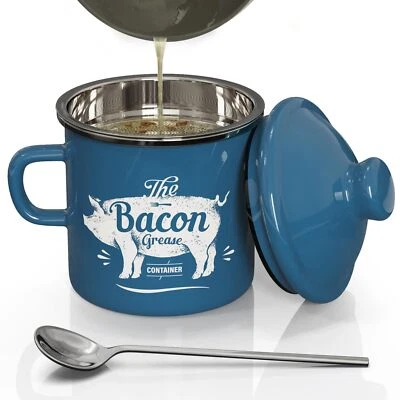 Mini Bacon Grease Container 15oz with Strainer - Dishwasher Safe Blue