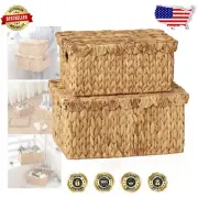 Artisan Handwoven Wicker Baskets with Tray Lid - 2 Pack Natural Storage Solution