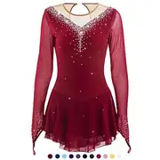 Figure Skating Dress Women's Girls' Ice Skating Dress Light Blue Black White Patchwork Mesh High Elasticity Competition Skating Wear Jeweled Rhinestone Long Sl