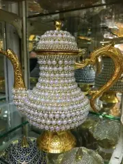 Turkish Handmade Swarovski Crystals Coated Copper Teapot Home Decor Gold Color