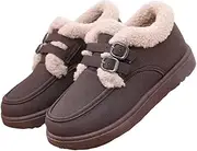 [SincereWay] Women's Fluffy Edges Double Buckle Ankle Boots Winter Suede Plush Flat Booties Comfortable Faux Fur Lining Walking Loafer