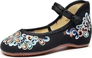 [Gikleihwy] Women Chinese Embroidered Flower Flat Shoes Classical Ankle Strap Backless Walking Canvas Shoes Comfortable Floral Bridal Ballet Loafers for Cheongsam(Black,8.5 US)
